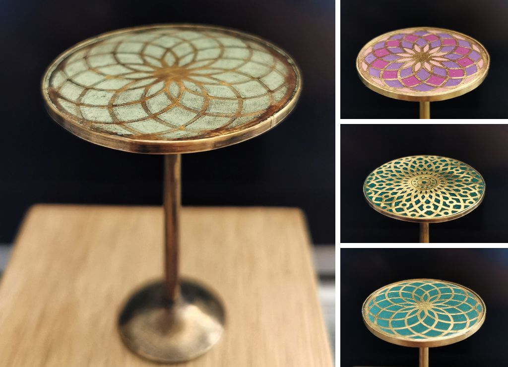 Round enameled table. Tiffany aged