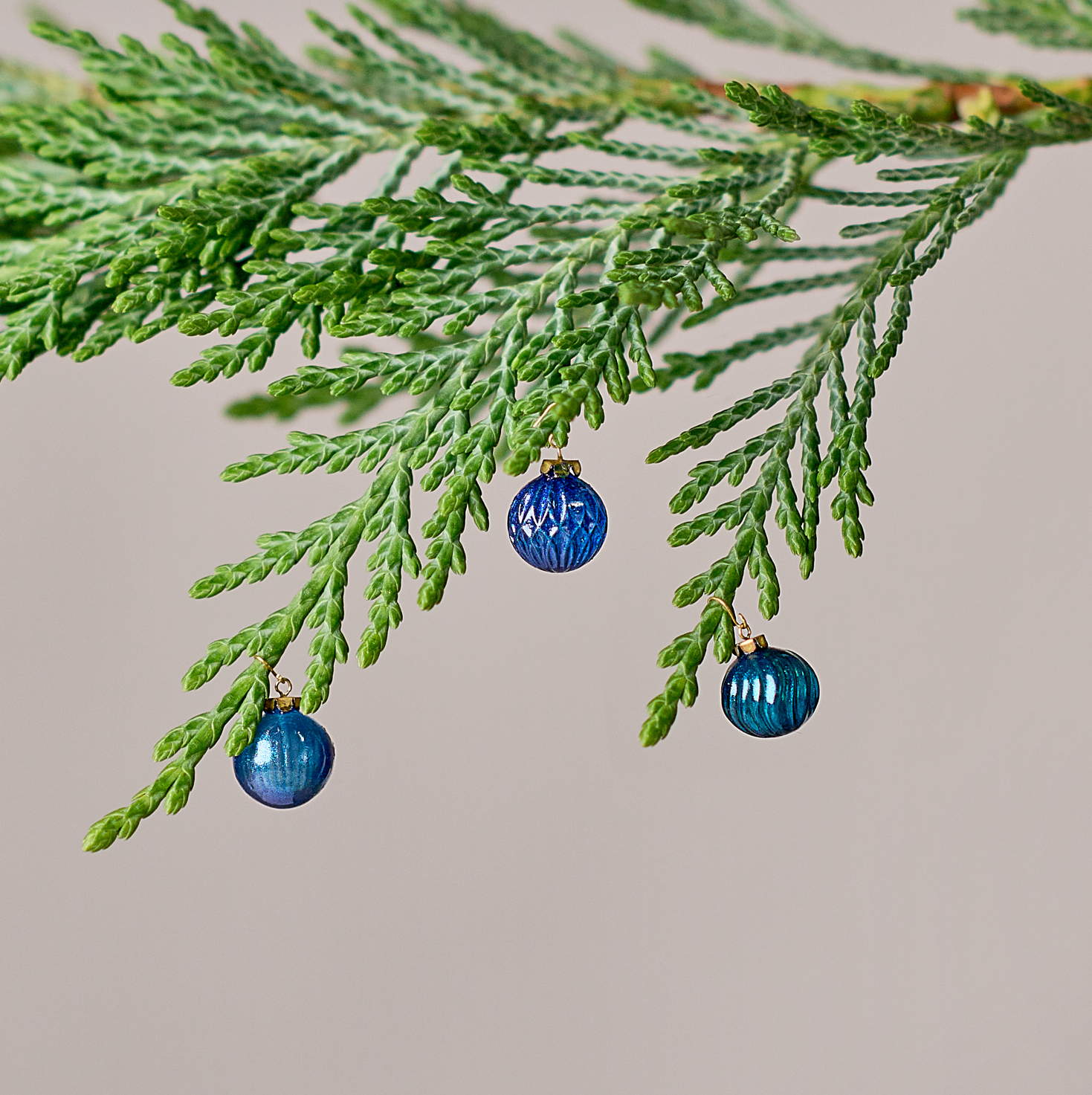Christmas ornaments set in the box. Three shades of blue with different effects 6 ornaments.