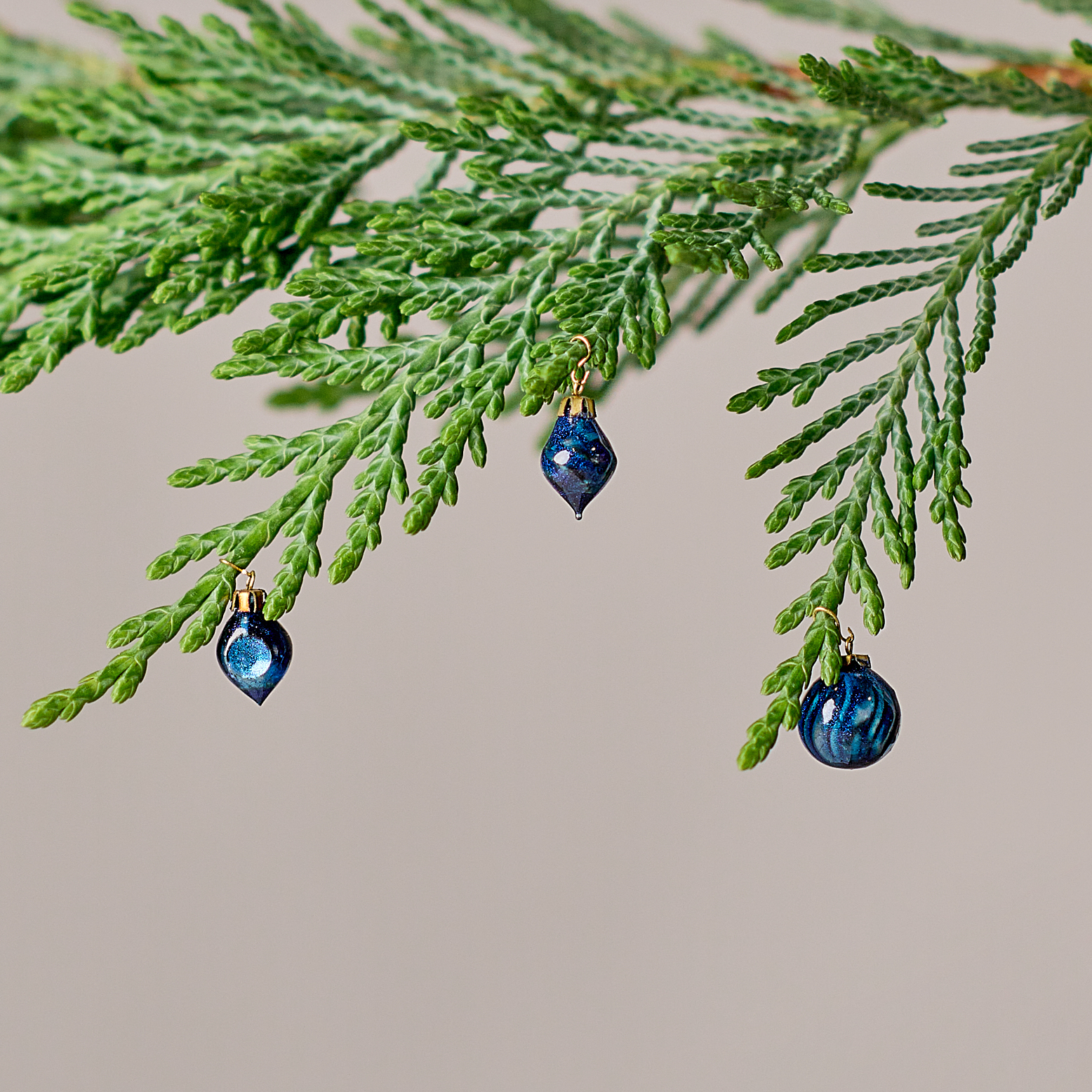 Christmas ornaments set in the box. Cobalt blue with azure sparkling effect 6 ornaments.