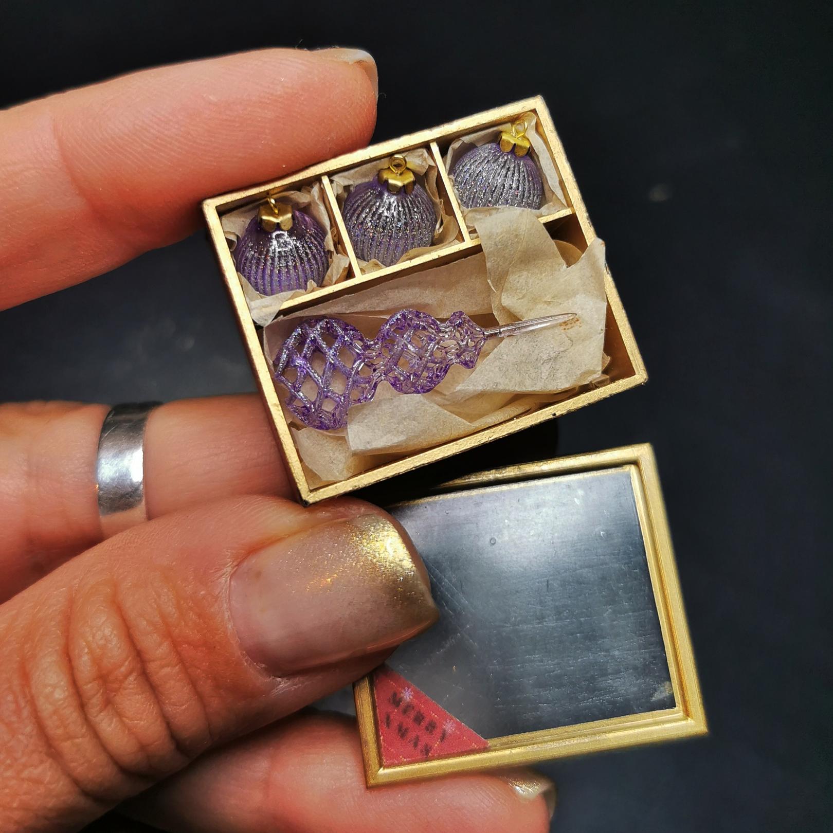 Christmas ornaments set in the box. Amethyst sugar effect 3 balls and tree topper.